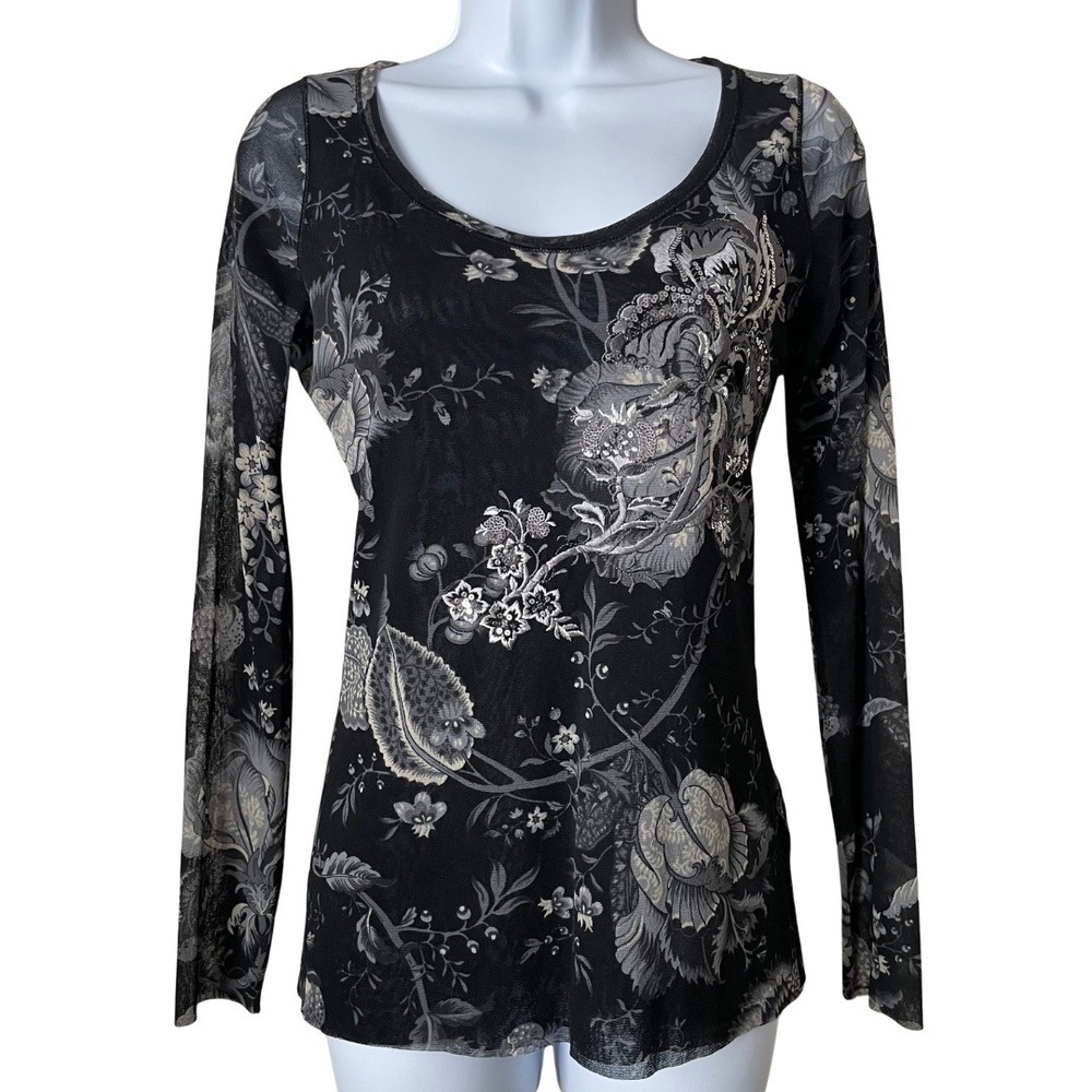 Fuzzi Top Womens Medium Black Floral Mesh Sheer Sequin Whimsigoth Fairy Romantic